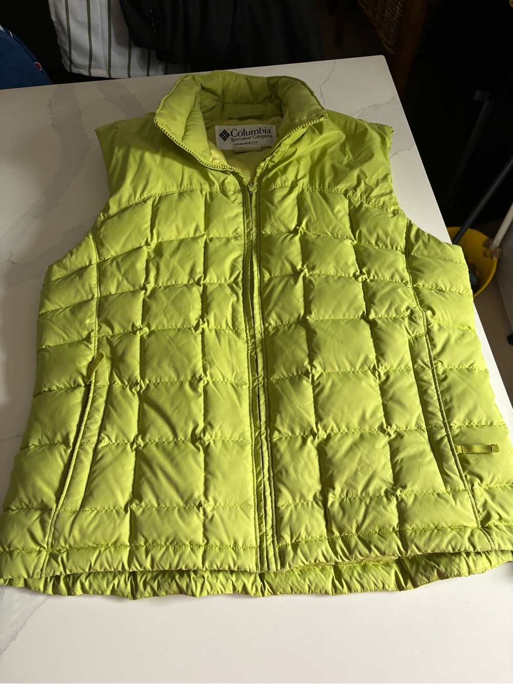 lime green Columbia Sportswear quilted down puffer vest